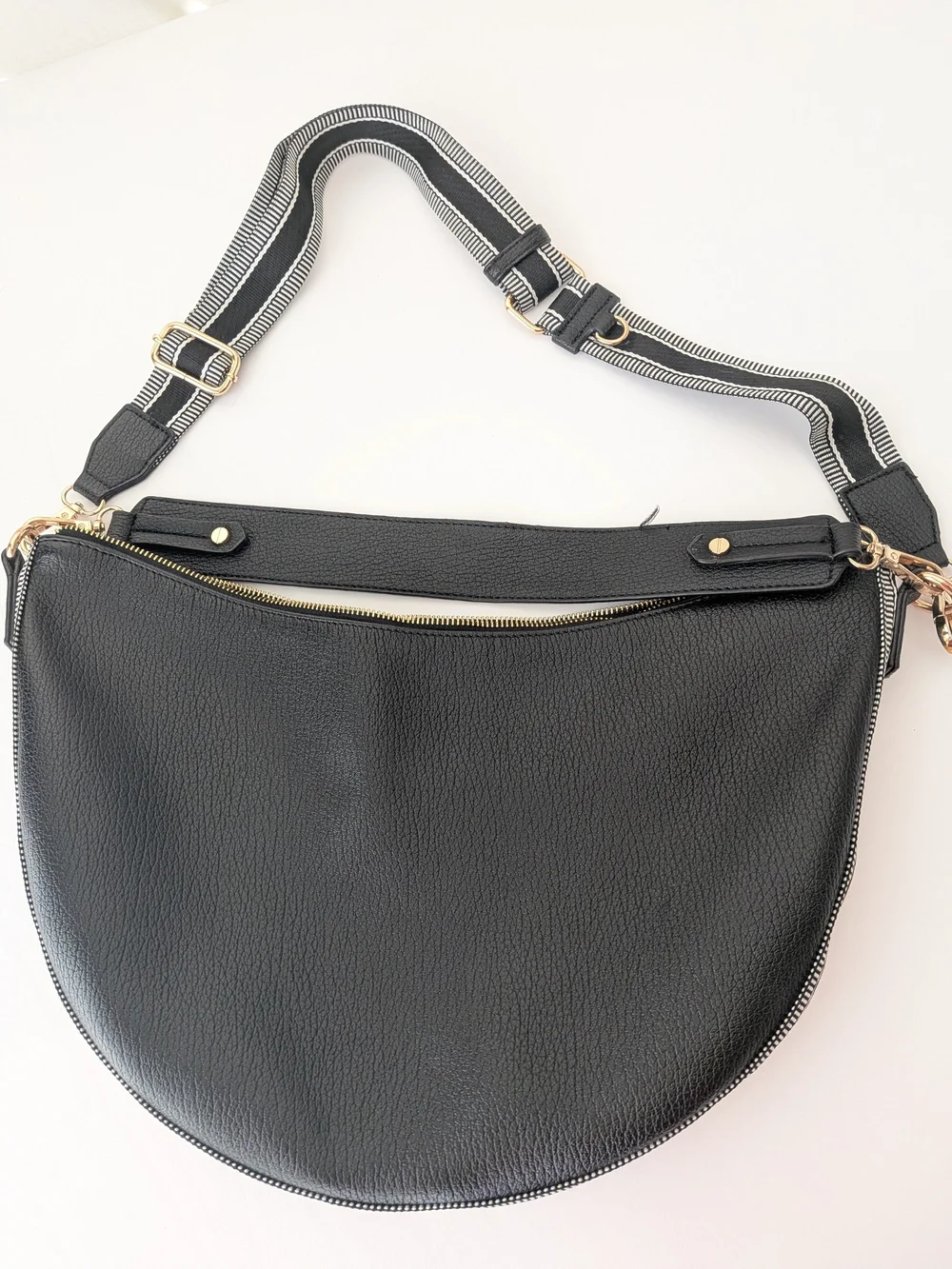 Black Pebbled Half-Moon Hobo with Striped Adjustable Strap